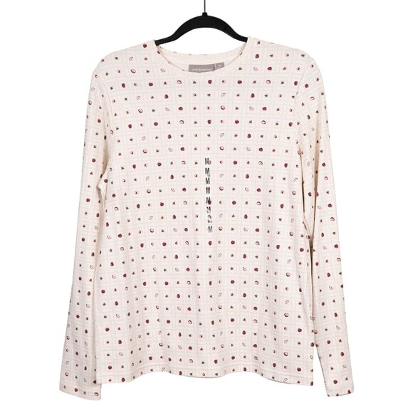 Croft & Barrow Y2K Apple TShirt M Womens New Long Sleeve Cream Fall Teacher - Picture 1 of 6
